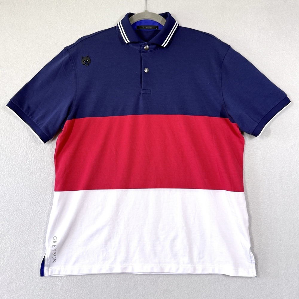 Greyson Polo Shirt Mens Medium Taconic Performance Golf Red White Blue Wolf Logo